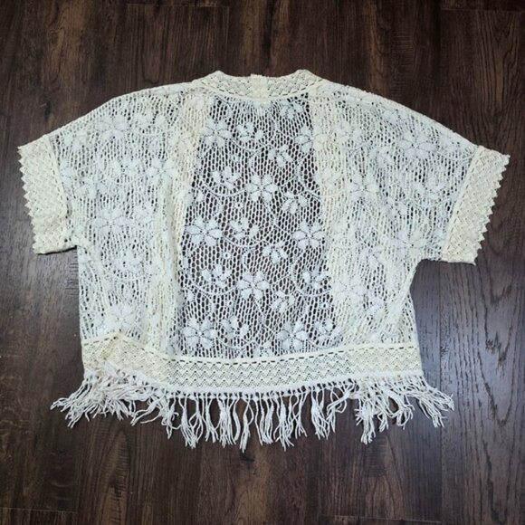 American Eagle Outfitters Cream Lace Open-Front Kimono Cardigan with Fringe - Picture 2 of 7